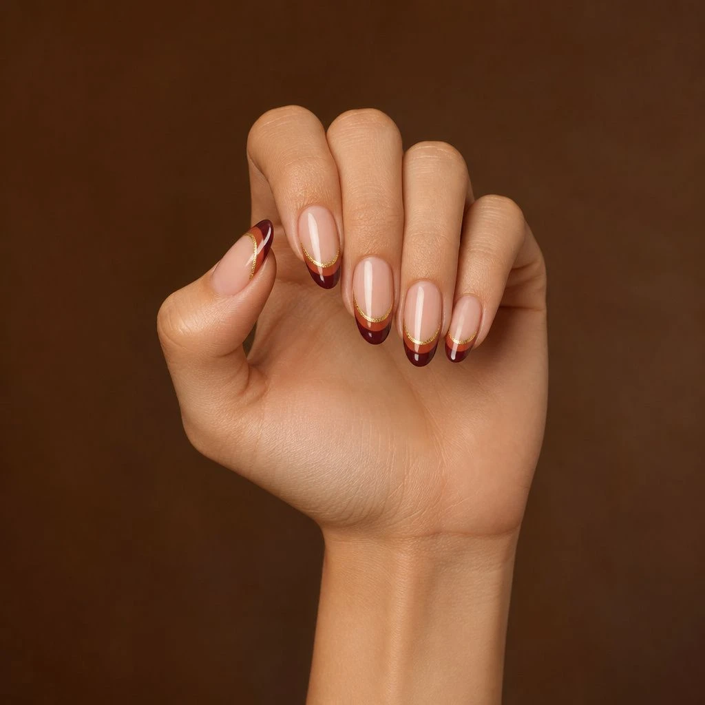 Layered burgundy and rust French tips with gold foil