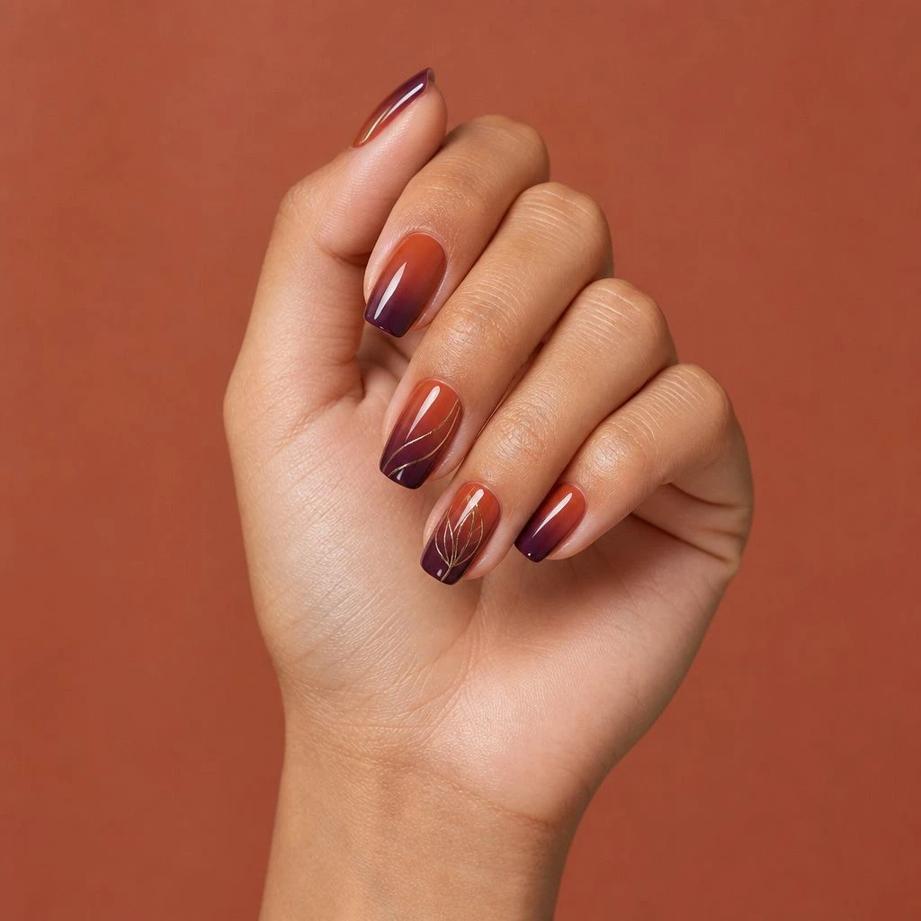 Rust and plum Gel-X nails with delicate autumn line art