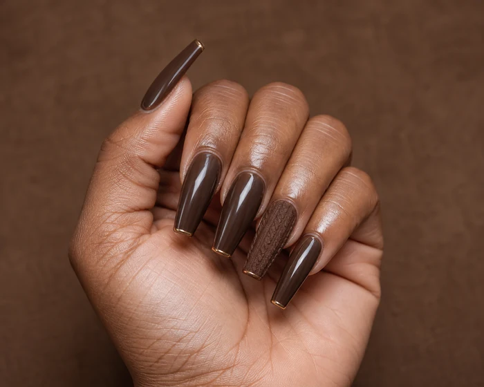 Long chocolate sweater nails with cable accent and fine gold edge