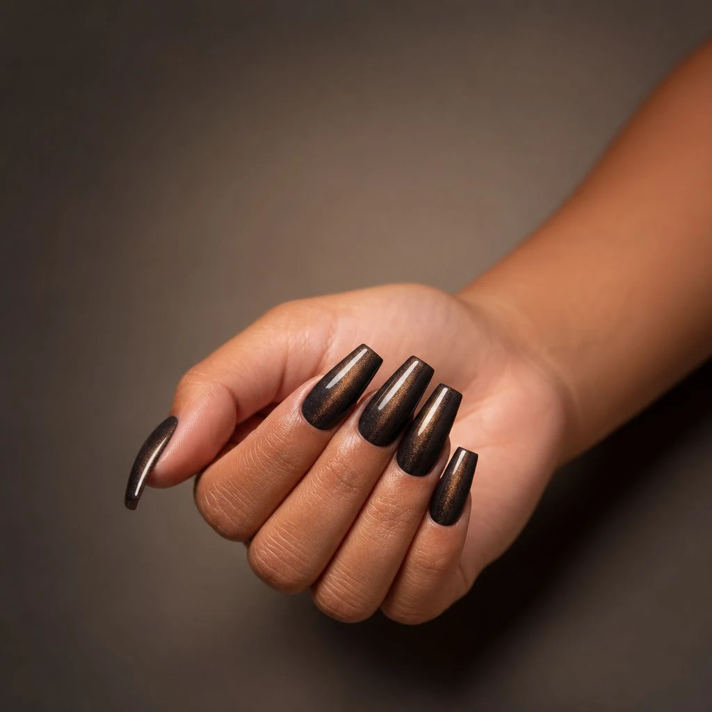 Espresso brown cat eye long coffin nails