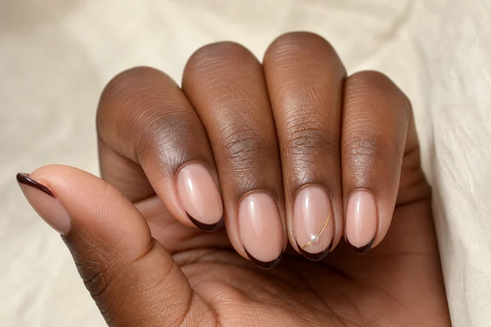 Short almond nude nails with espresso micro-French