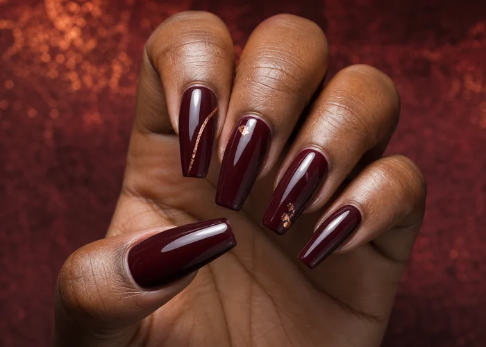 Wine gel coffin nails with copper leaf line and sealed foil