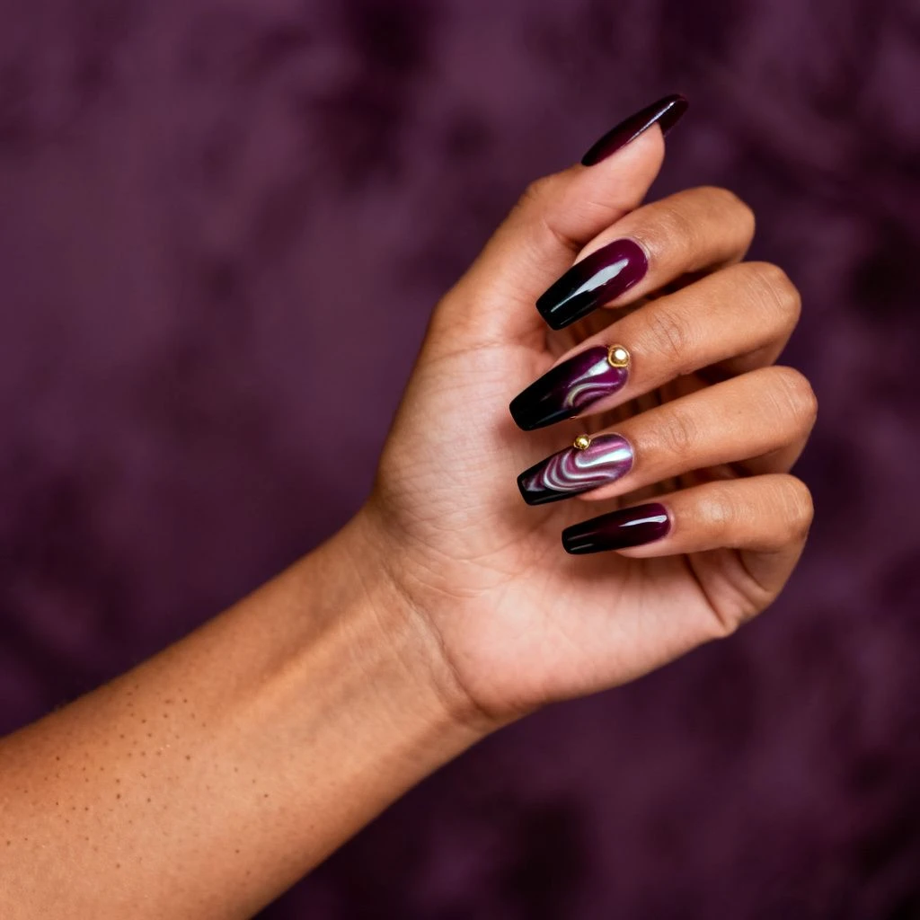 Long deep plum coffin acrylic nails with pearly swirl and gold bead