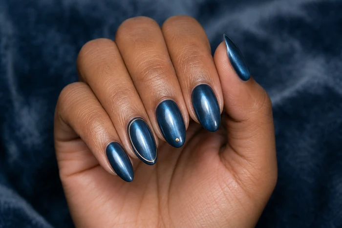 Smoky blue chrome nails with copper outline