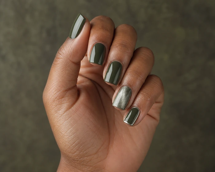 Deep olive square nails with silver velvet cat-eye accent