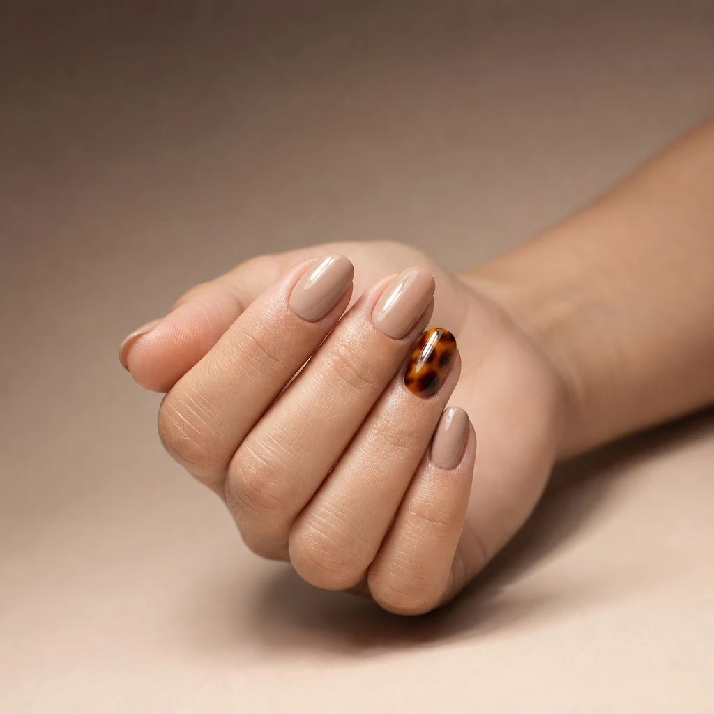 Nude oval nails with tortoiseshell accent nail