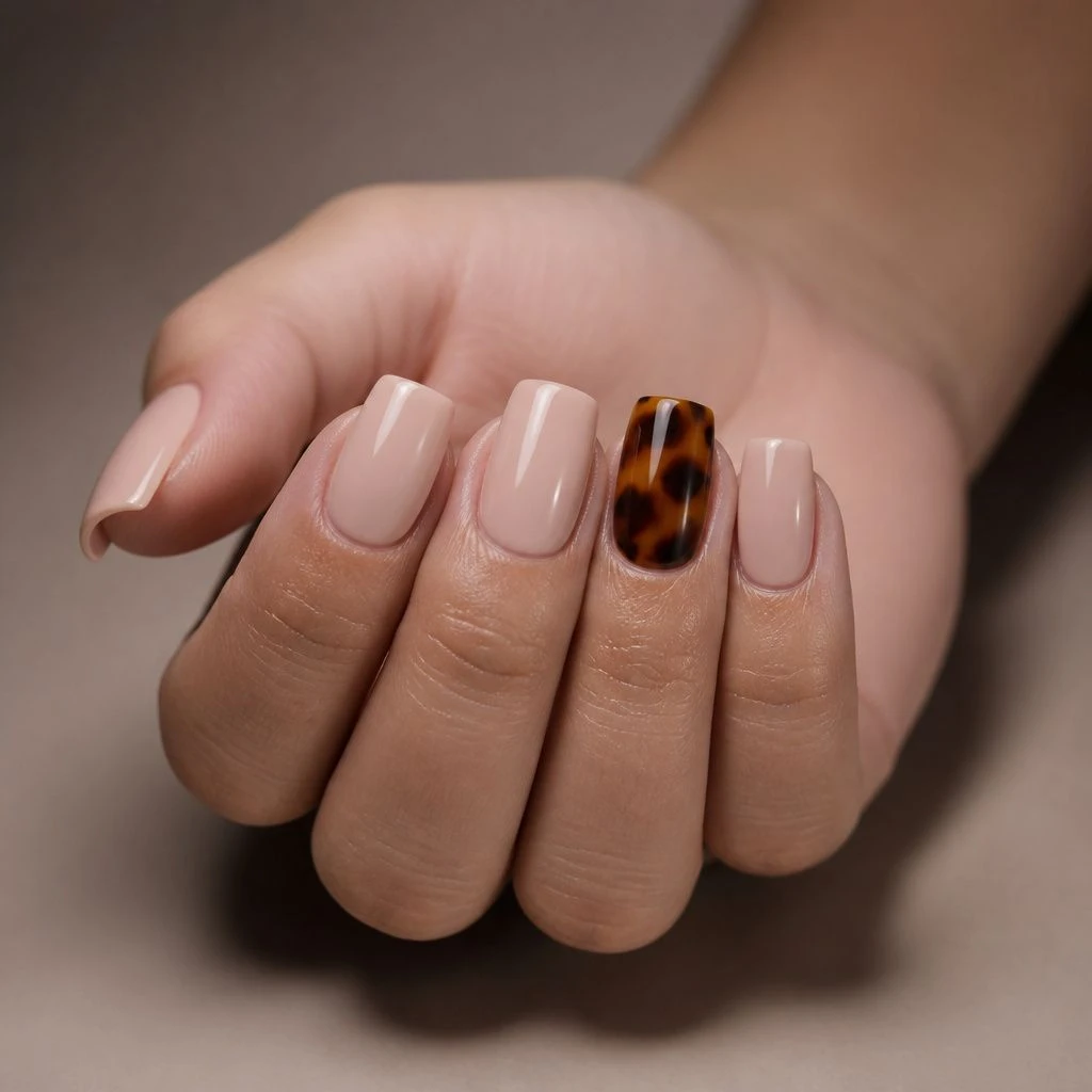 Nude square nails with tortoiseshell accent nail