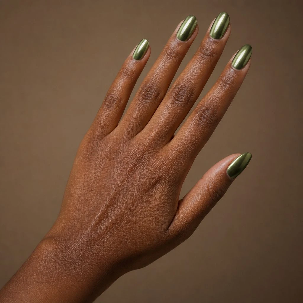 Fall chrome nails - olive green chrome
