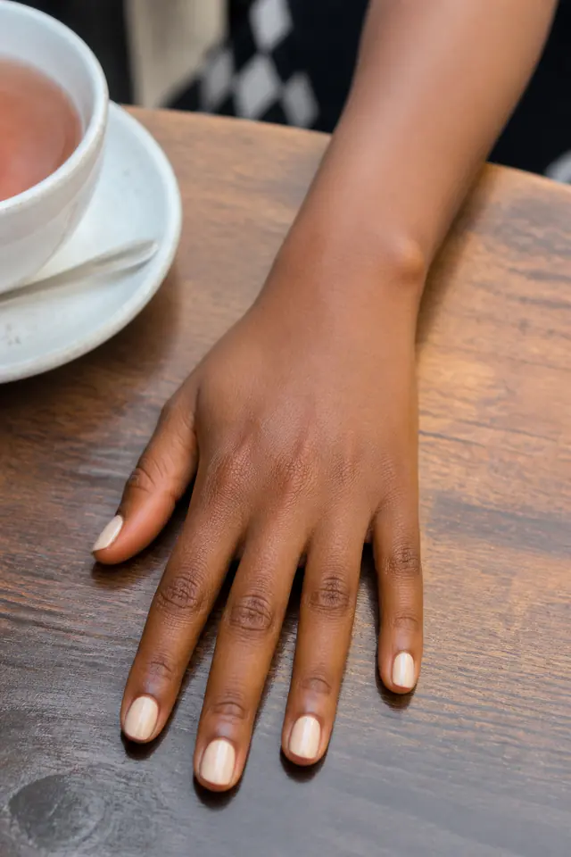 Short Beige Neutral short autumn nail design on a woman’s hand.