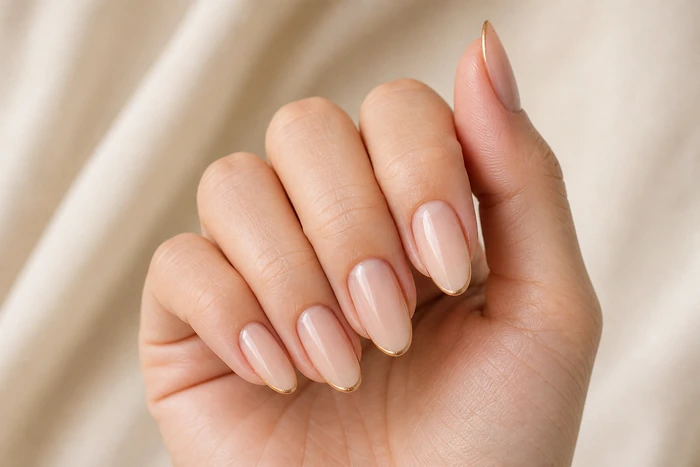 Sheer nude nails with fine gold-line French tips