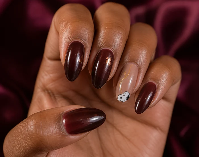 Wine Thanksgiving nails with Snoopy accent and copper foil