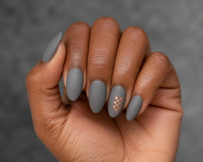 Matte gray sweater weather nails with copper check detail
