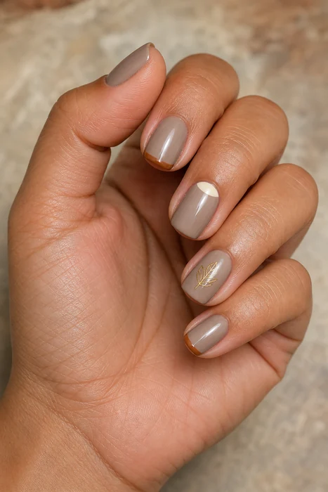 Short taupe acrylic nails with gold leaf detail