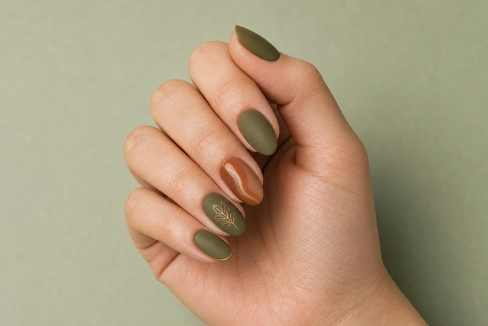 Short matte olive almond nails with caramel wave