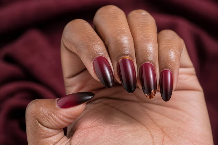 Cranberry cocoa ombré Thanksgiving dip nails with copper foil