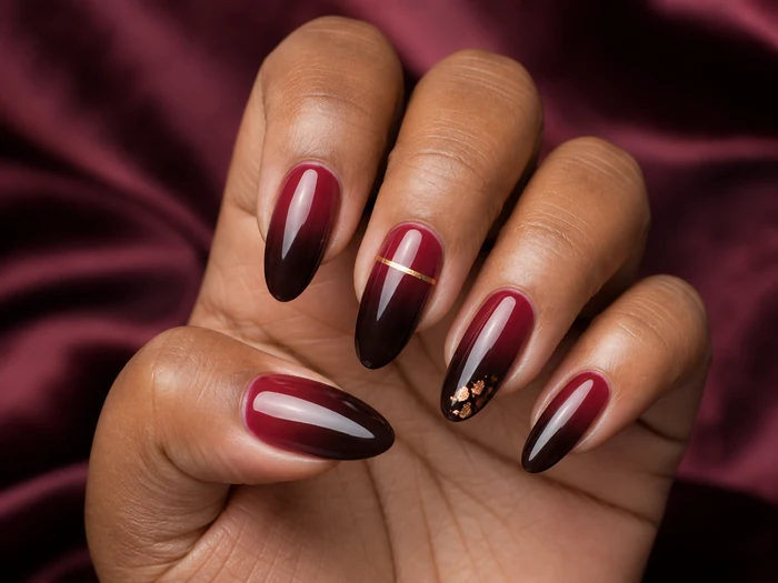 Wine cocoa ombré Thanksgiving gel nails with gold and foil