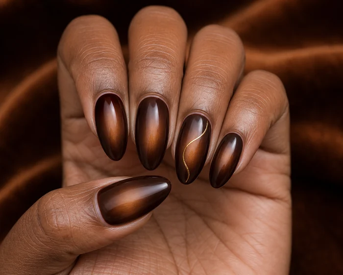 Espresso aura acrylic nails with metallic swirl