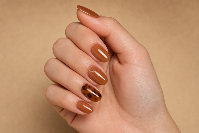 Short caramel tortoiseshell nails with a gold heart accent