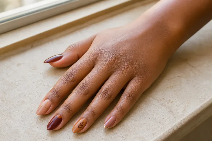Mismatched fall nails in plum copper and plaid