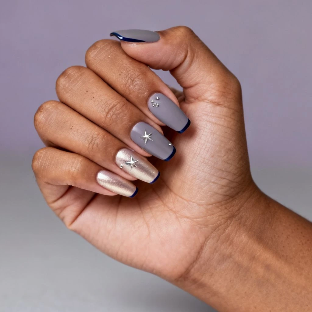 Lavender gray winter nails with pearl chrome and star linework