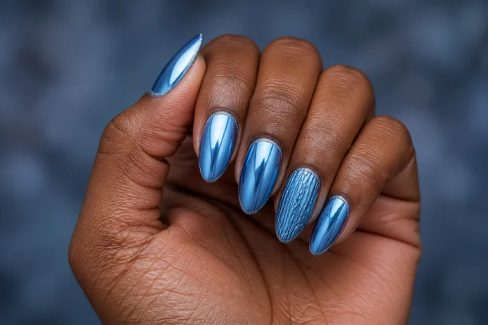 Blue chrome winter sweater nails with ribbed accent and silver edge