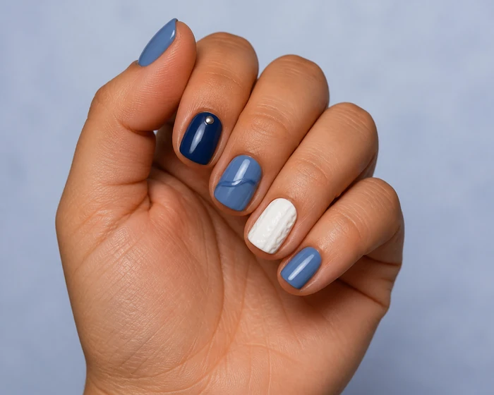 Short blue sweater nails with white knit detail and a tiny chrome accent