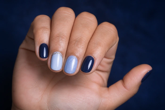 Navy and pale blue winter nails