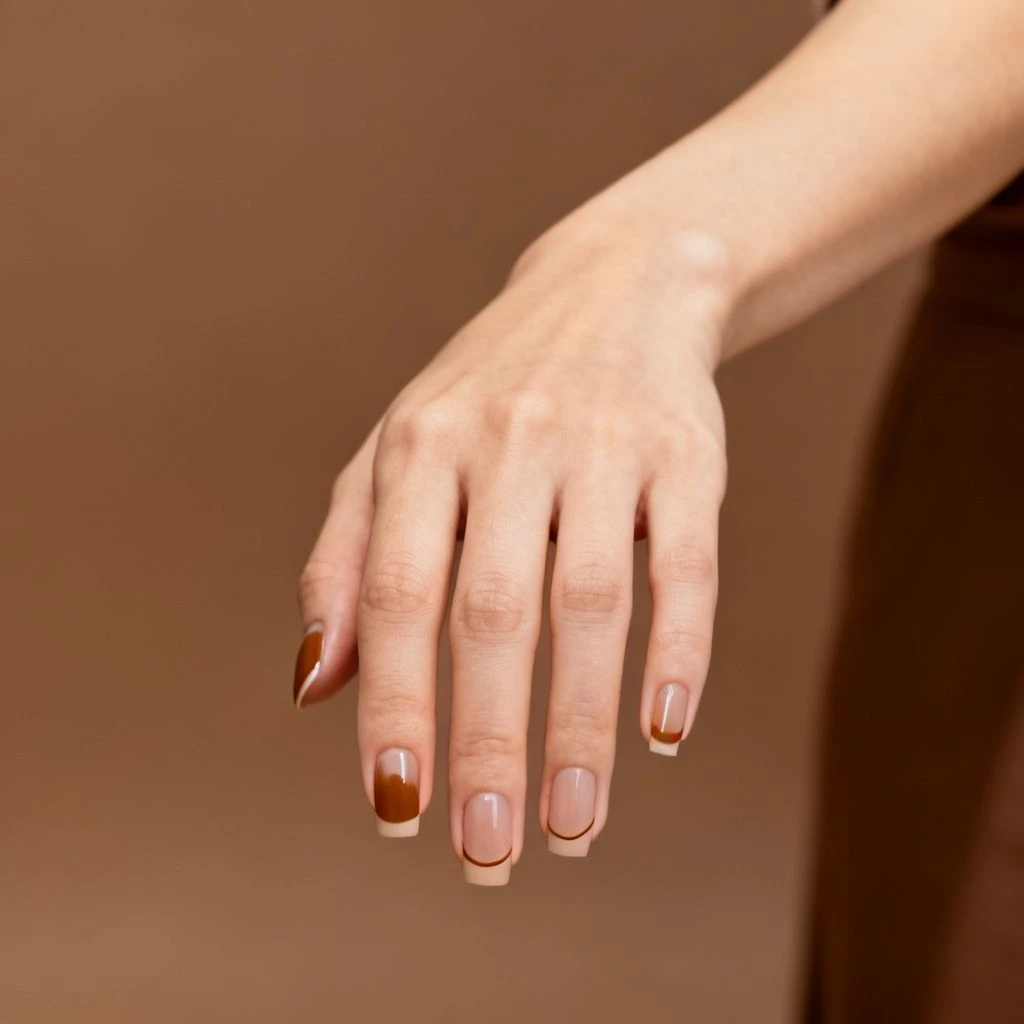 Short natural nails with slim caramel French tips.