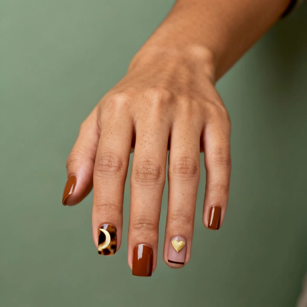 Short caramel nails with tortoiseshell, gold heart and espresso accents