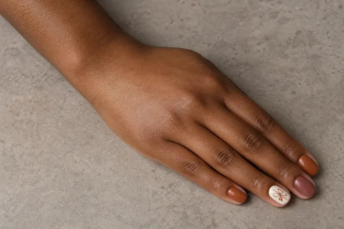Caramel and mauve ribbon detail cute fall nails