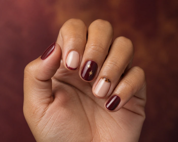 Short burgundy and nude nails with tiny gold stars and tortoiseshell