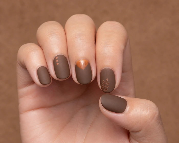 Cute matte cocoa Thanksgiving nails with caramel heart accent