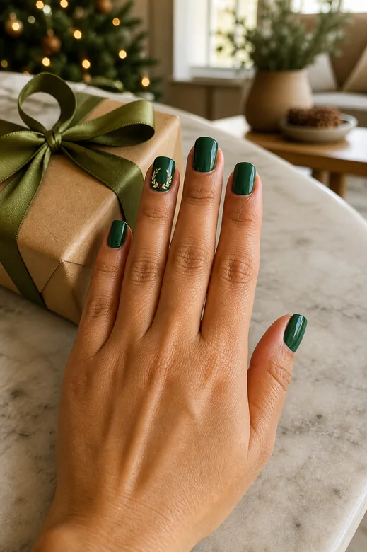 Dark Green With a Wreath Accent dark green Christmas nails