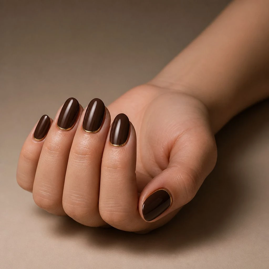 Espresso brown oval nails with fine gold line accent