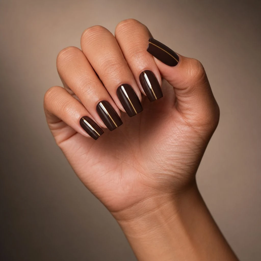 Espresso square nails with fine gold line accent