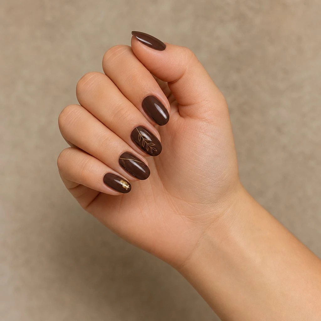 Chocolate acrylic nails with leaf art and gold foil detail