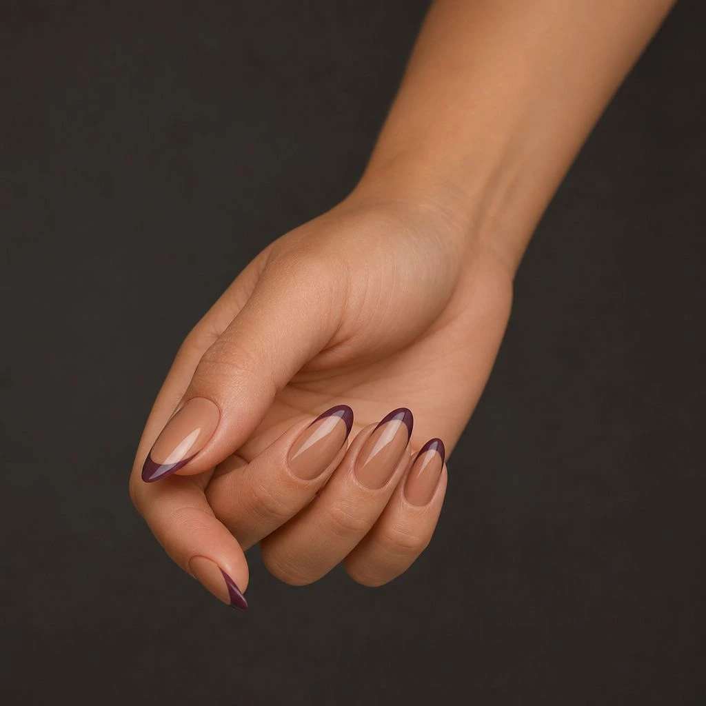 Plum and caramel colorblock French tip fall nails