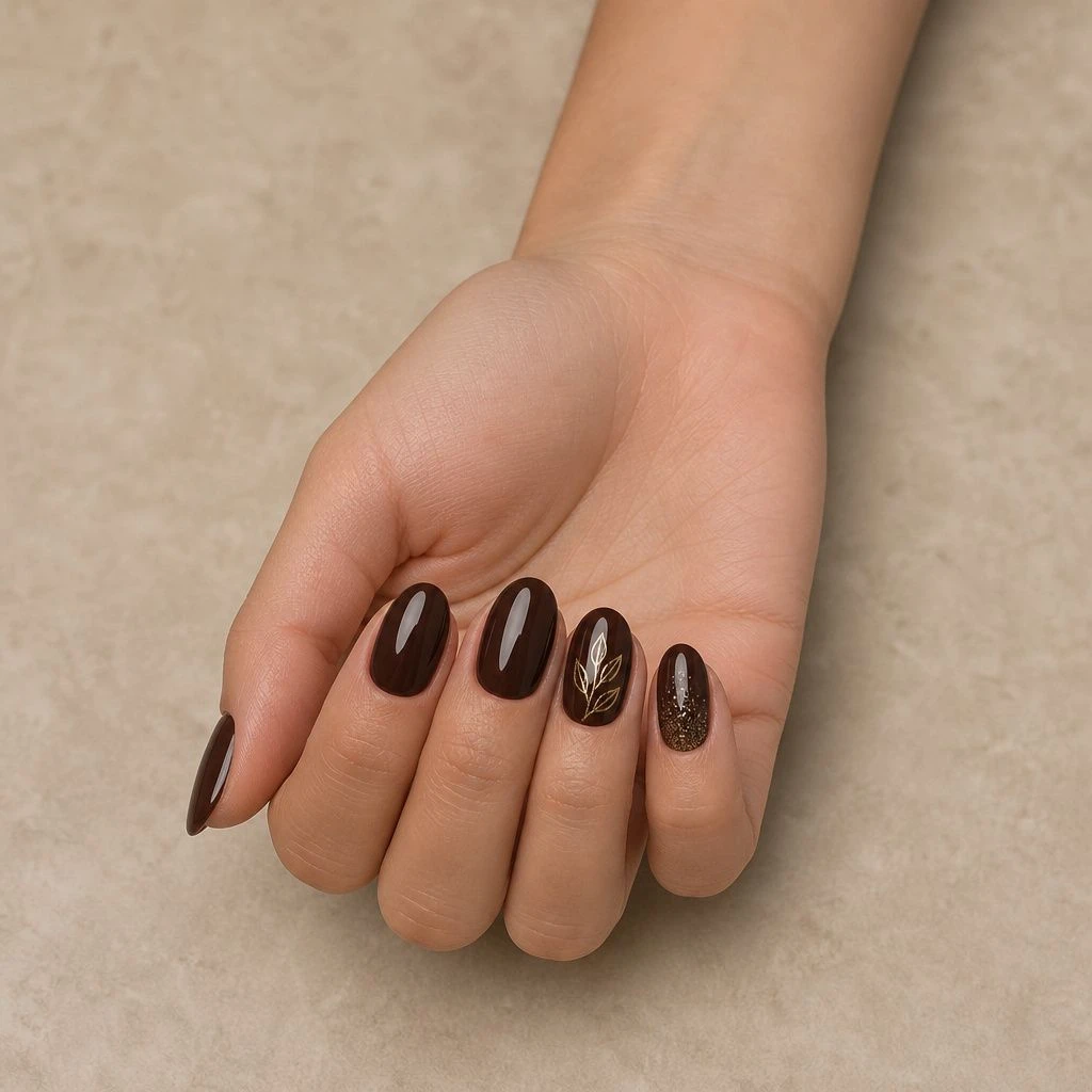 Chocolate gel nails with leaf art and sealed gold glitter