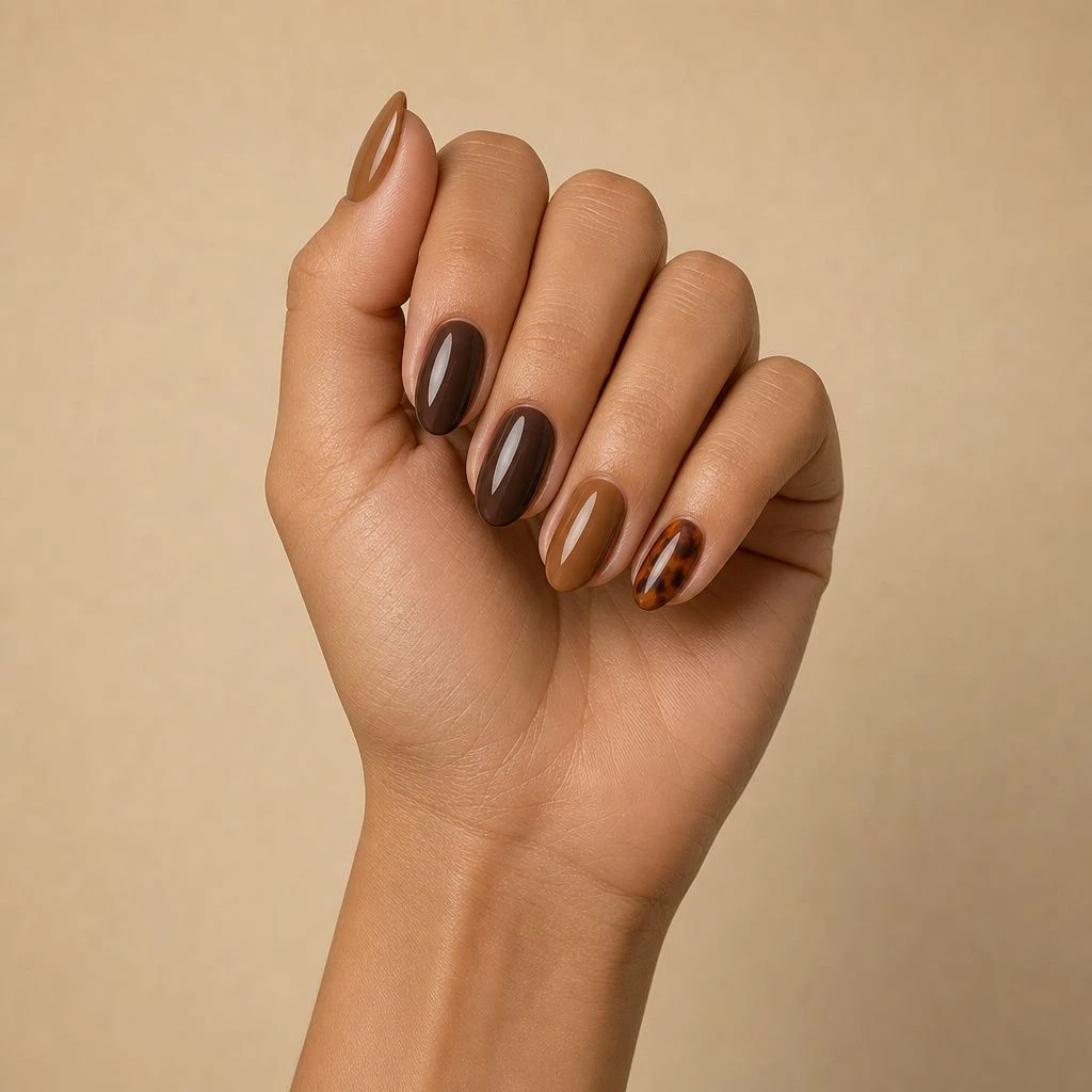 Short almond caramel and mocha press-on nails with tortoiseshell