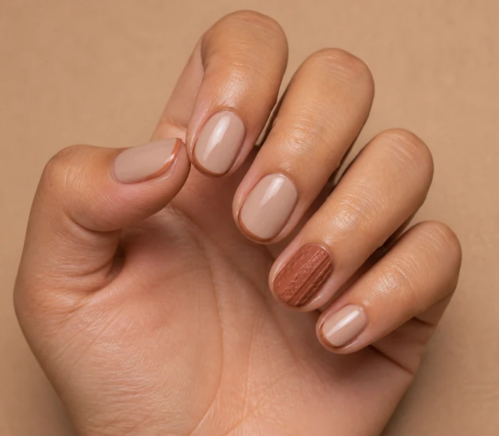 Short nude sweater nails with rust knit accent and micro-French