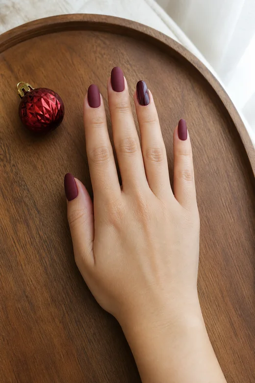 Matte and Glossy Burgundy minimal Christmas nails