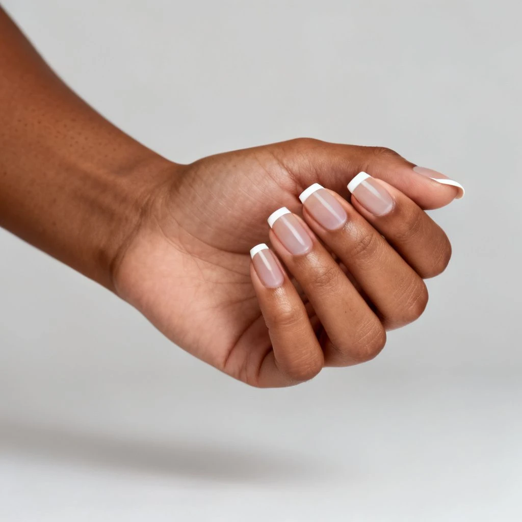 Delicate micro-French tip nails on a hand against a plain neutral studio background.