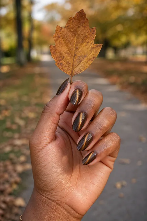 Mocha brown cat eye nails holding an autumn leaf in a park