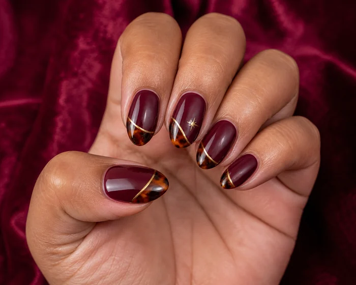 Short burgundy almond nails with tortoiseshell and gold star