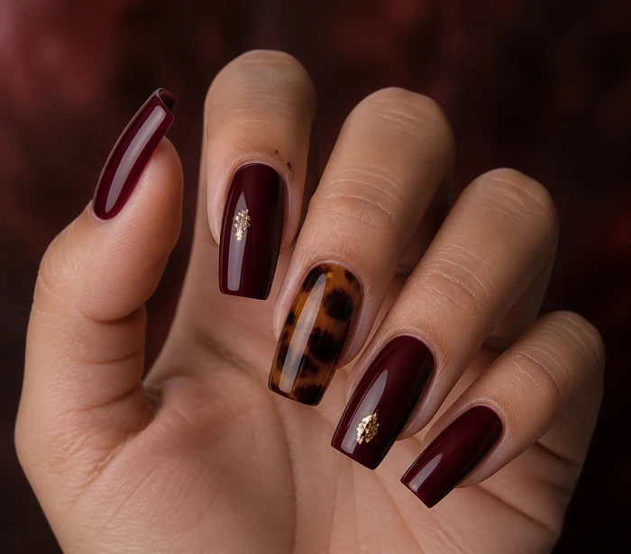 Long burgundy square nails with tortoiseshell and gold foil detail