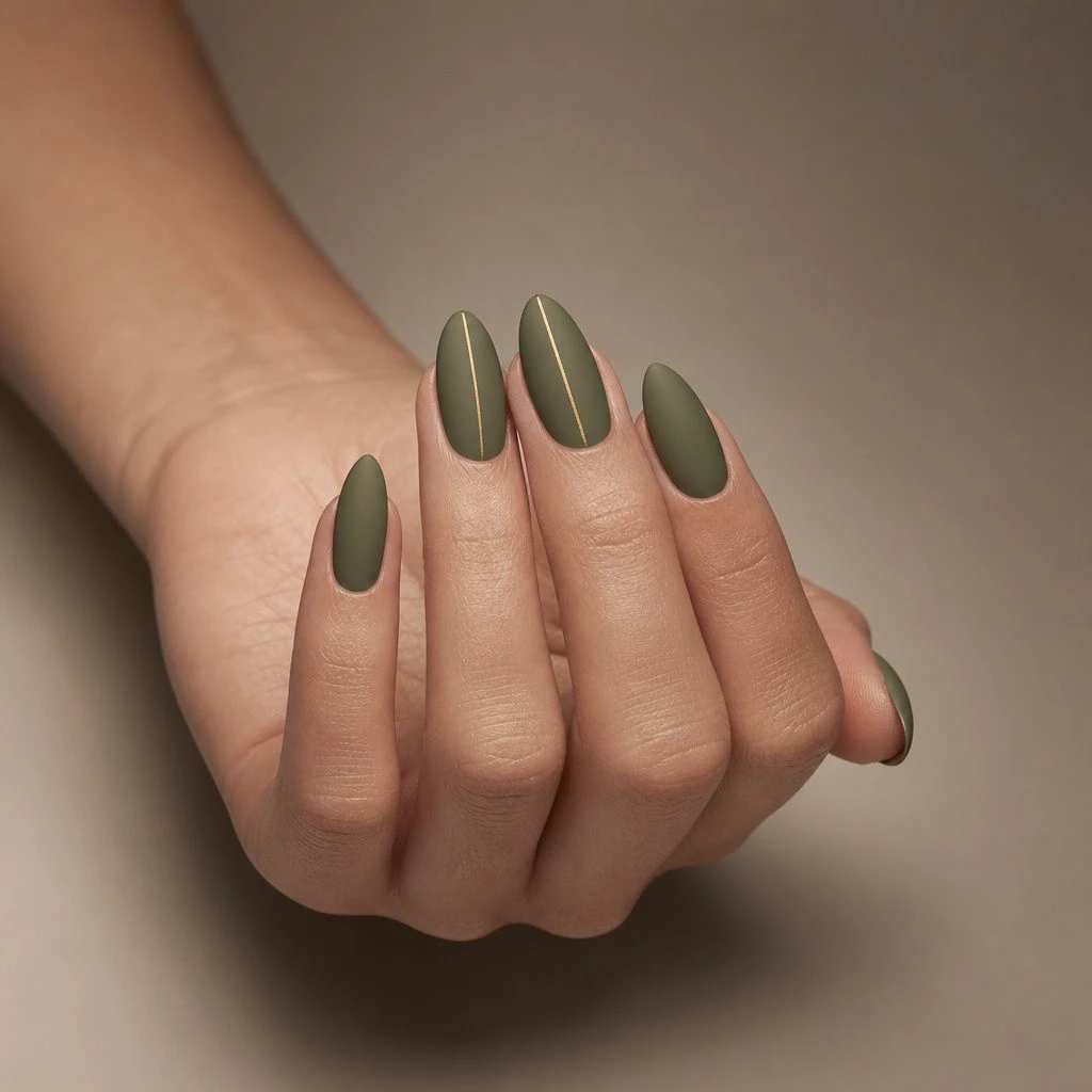 Long olive green almond nails with fine gold line accents