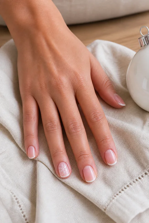 Pink Micro-French Nails With a Snowflake