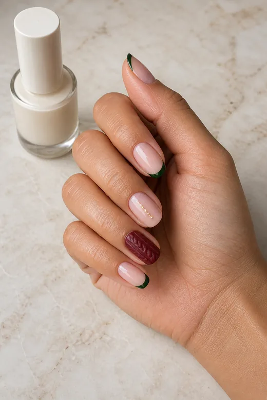 Nude green and burgundy Christmas sweater nails beside nail polish