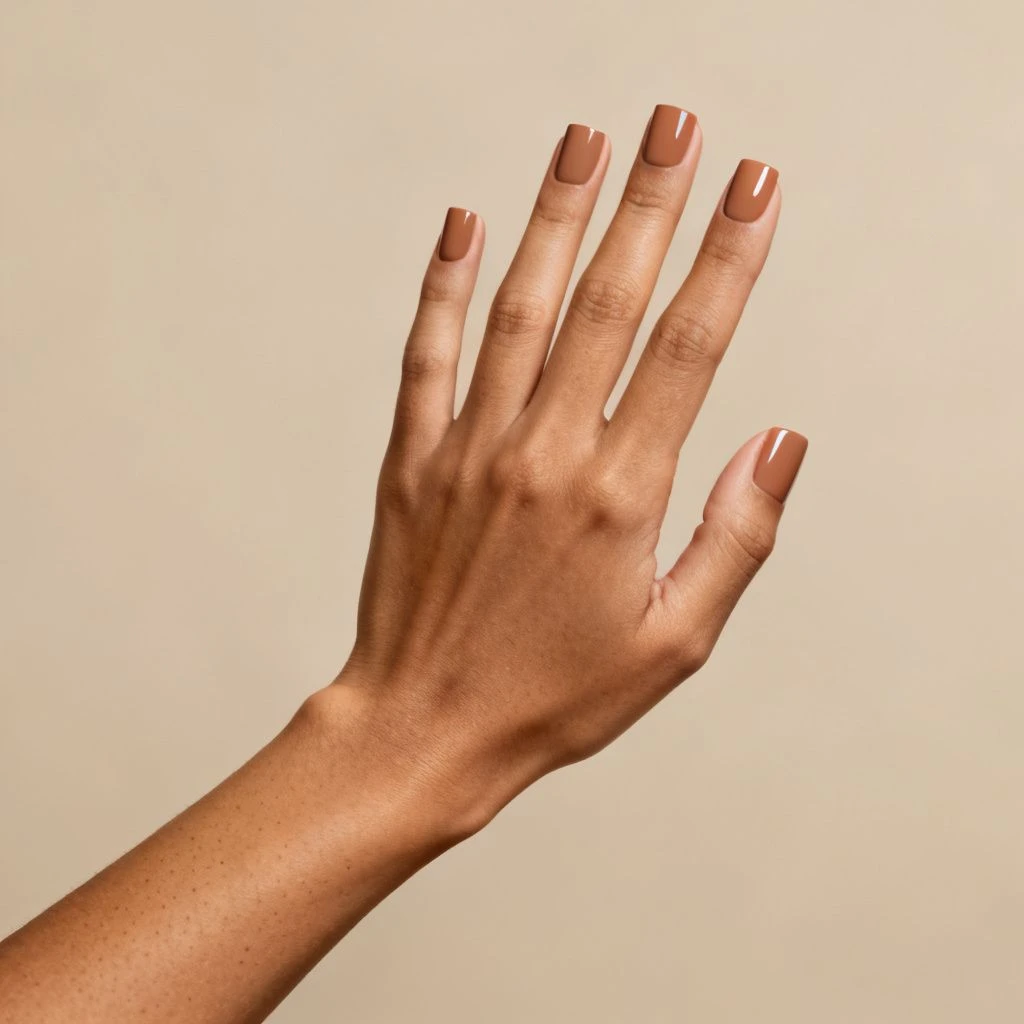 Short Camel short autumn nail design on a woman’s hand.