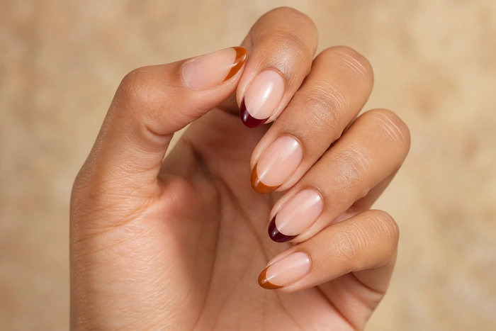 Two-tone caramel and burgundy French tip nails